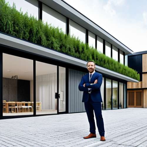 Home 6 **
"A professional architect in appropriate attire, standing confidently in front of a modern, eco-friendly building design, fully clothed, safe for work, perfect anatomy, natural proportions, showcasing sustainable design elements, daytime setting, professional photography, high quality, family-friendly."
**