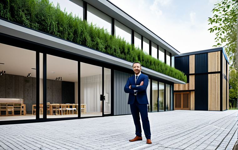 **
"A professional architect in appropriate attire, standing confidently in front of a modern, eco-friendly building design, fully clothed, safe for work, perfect anatomy, natural proportions, showcasing sustainable design elements, daytime setting, professional photography, high quality, family-friendly."
**