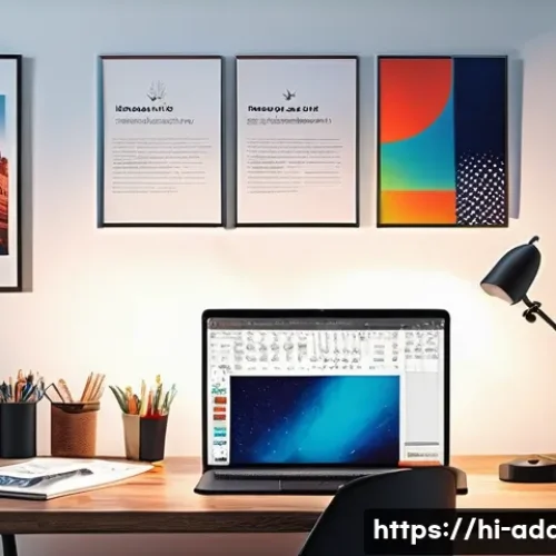 Home 11 광고디자인 입문자를 위한 가이드 - A vibrant digital workspace scene showcasing a young Indian graphic designer working on a laptop wit...