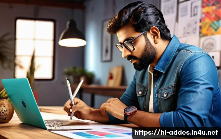 광고디자인 직무의 장단점 - A creative Indian advertising designer working intensely on a digital tablet and laptop in a modern ...