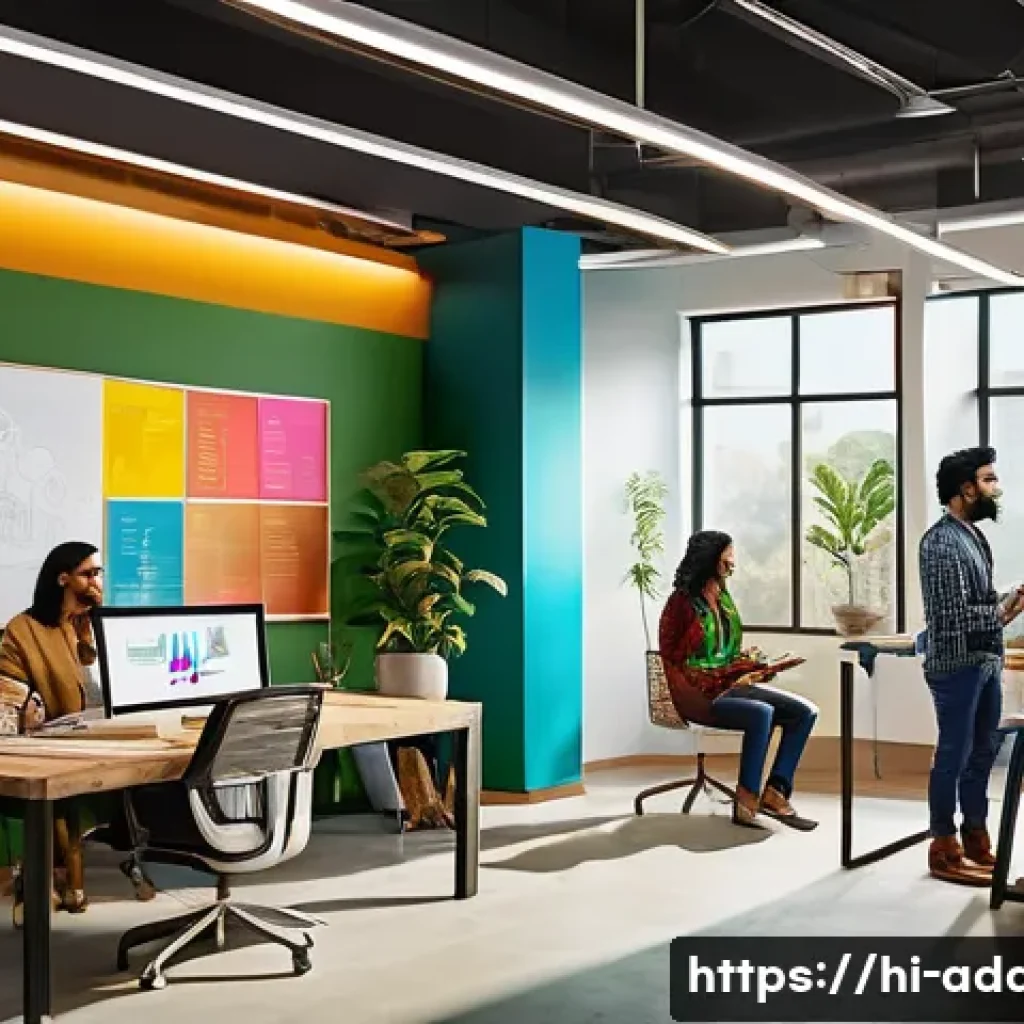 광고디자인 직무에서의 창의적 사고 훈련법 - A vibrant creative workspace showing a diverse team of Indian designers engaged in open communicatio...