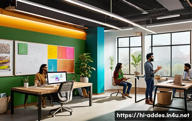 광고디자인 직무에서의 창의적 사고 훈련법 - A vibrant creative workspace showing a diverse team of Indian designers engaged in open communicatio...