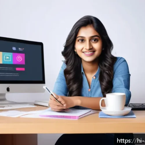 Home 31 광고디자인 자격증 시험 예상문제 - A vibrant digital marketing workspace scene featuring a young Indian professional woman in casual sm...