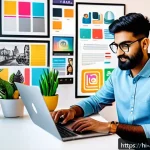 Home 18 광고디자인 직무에서의 경력 발전 전략 - A modern digital workspace scene showcasing a young Indian graphic designer actively working on a la...