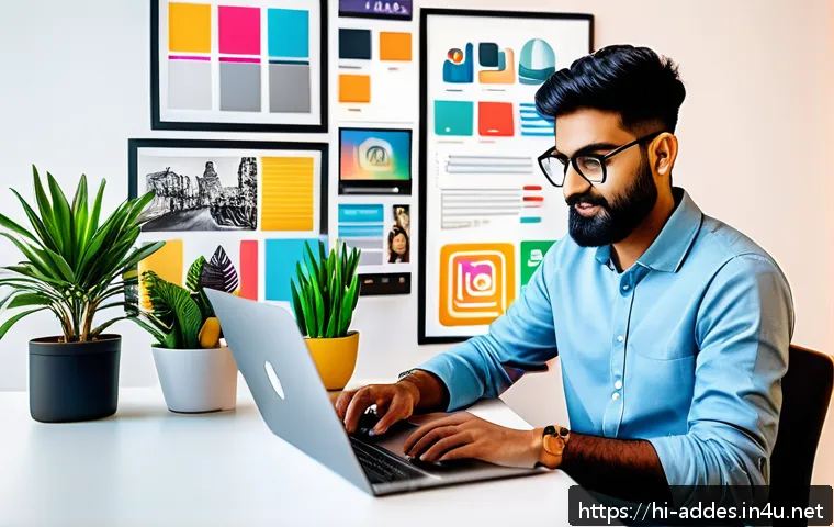 광고디자인 직무에서의 경력 발전 전략 - A modern digital workspace scene showcasing a young Indian graphic designer actively working on a la...