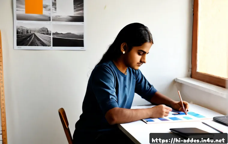 Home 17 광고디자인 실기 과제 합격 전략 - Photorealistic Indian graphic design student preparing for an advertising design practical exam, sea...